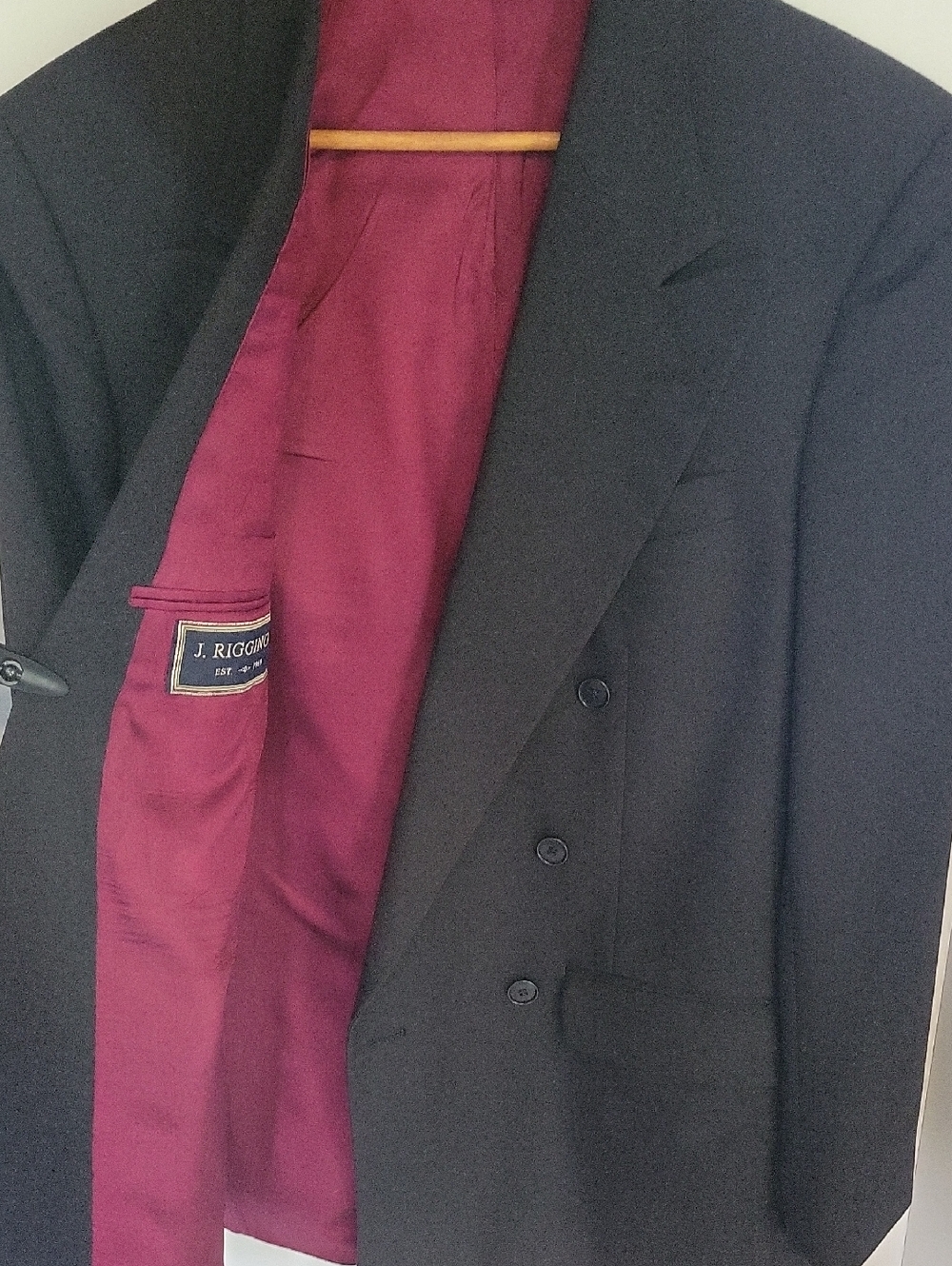 Men's Black Double-Breasted Suit Jacket with Burgundy Lining by J. Riggings